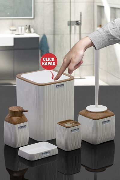 Okyanus Home Ahşap Desenli Çizgili 5'li Banyo Seti - Beyaz