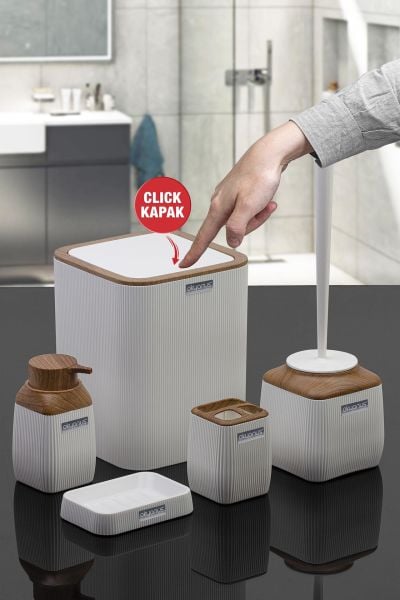 Okyanus Home Ahşap Desenli Çizgili 5'li Banyo Seti - Beyaz