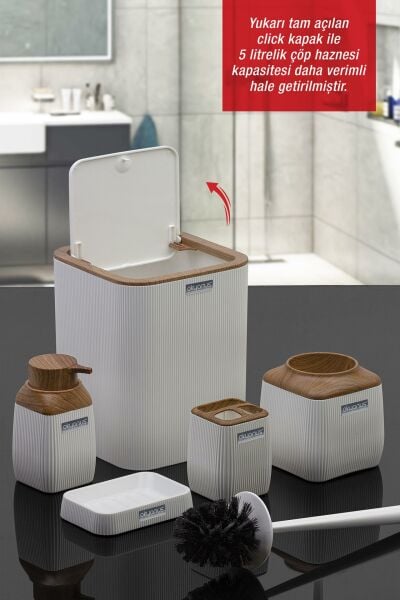 Okyanus Home Ahşap Desenli Çizgili 5'li Banyo Seti - Beyaz
