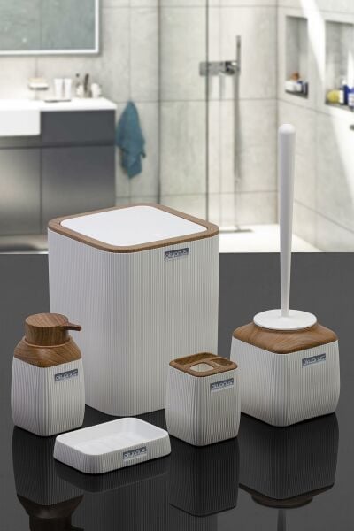 Okyanus Home Ahşap Desenli Çizgili 5'li Banyo Seti - Beyaz