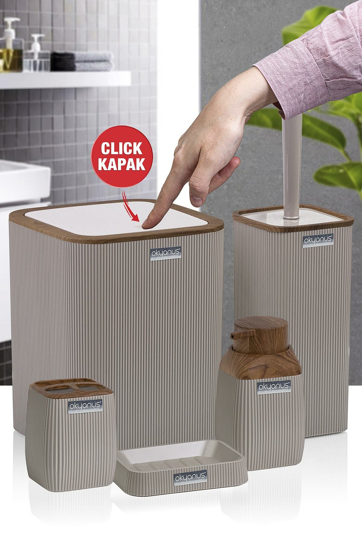 Okyanus Home Ahşap Desenli Çizgili 5'li Banyo Seti - Vizon Rengi