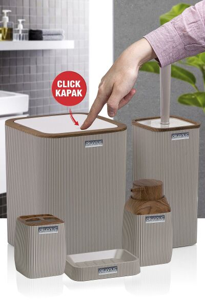 Okyanus Home Ahşap Desenli Çizgili 5'li Banyo Seti - Vizon Rengi