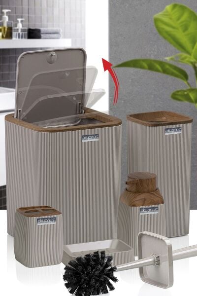 Okyanus Home Ahşap Desenli Çizgili 5'li Banyo Seti - Vizon Rengi