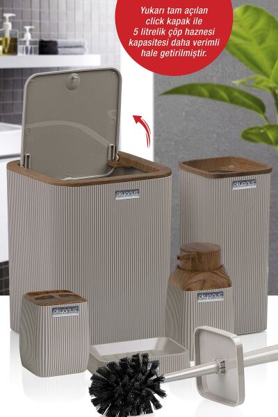 Okyanus Home Ahşap Desenli Çizgili 5'li Banyo Seti - Vizon Rengi