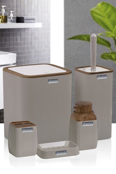 Okyanus Home Ahşap Desenli Çizgili 5'li Banyo Seti - Vizon Rengi