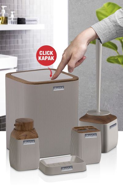 Okyanus Home Ahşap Desenli Çizgili 5'li Banyo Seti - Vizon Rengi