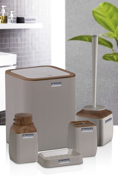 Okyanus Home Ahşap Desenli Çizgili 5'li Banyo Seti - Vizon Rengi