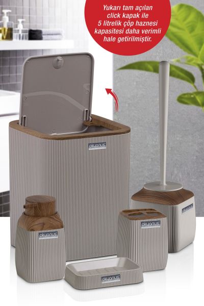 Okyanus Home Ahşap Desenli Çizgili 5'li Banyo Seti - Vizon Rengi