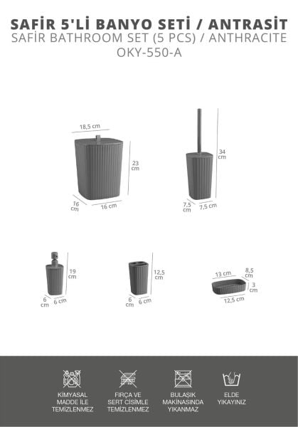 Okyanus Home Yapışkanlı  Safir Antrasit  5'li Banyo Seti