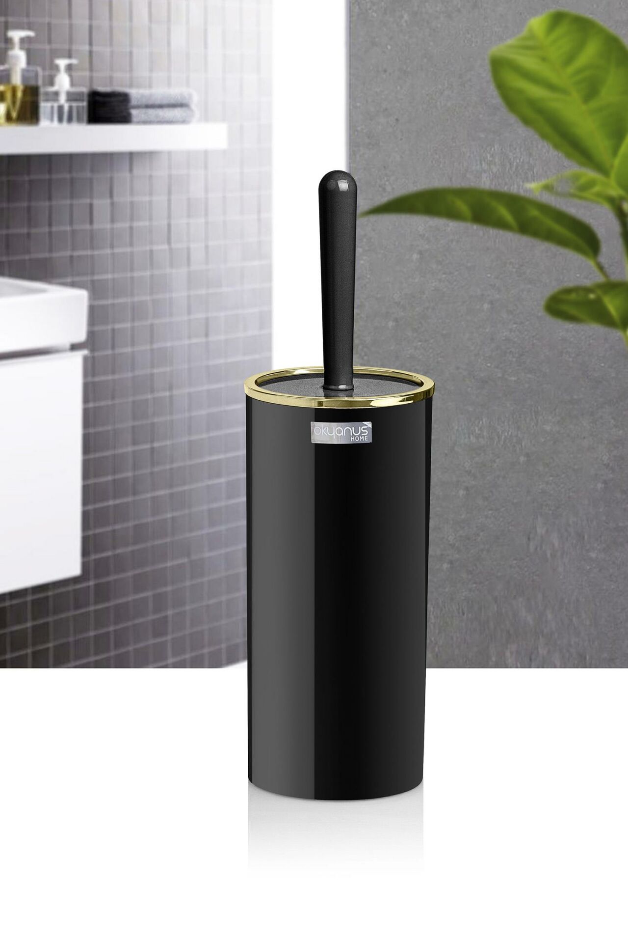 Okyanus Home Gold Serisi Siyah Yuvarlak WC Fırçalık