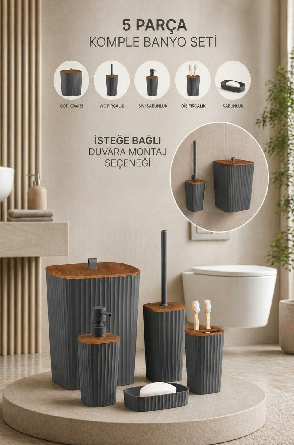 Okyanus Home Yapışkanlı Ahşap Desenli Safir Antrasit 5'li Banyo Seti