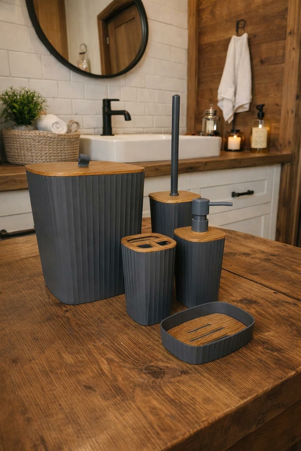 Okyanus Home Yapışkanlı Ahşap Desenli Safir Antrasit 5'li Banyo Seti