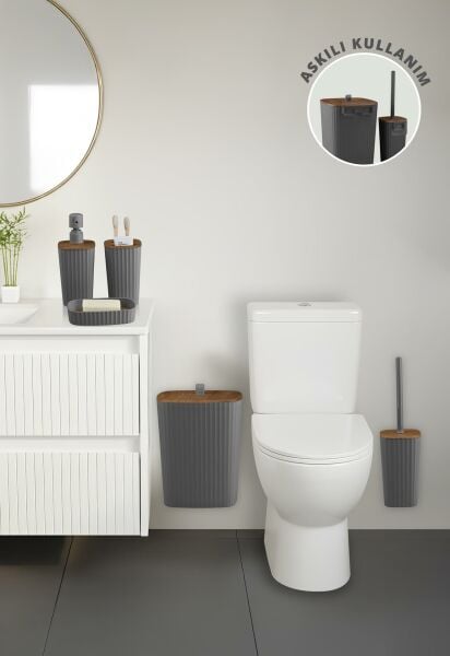 Okyanus Home Yapışkanlı Ahşap Desenli Safir Antrasit 5'li Banyo Seti