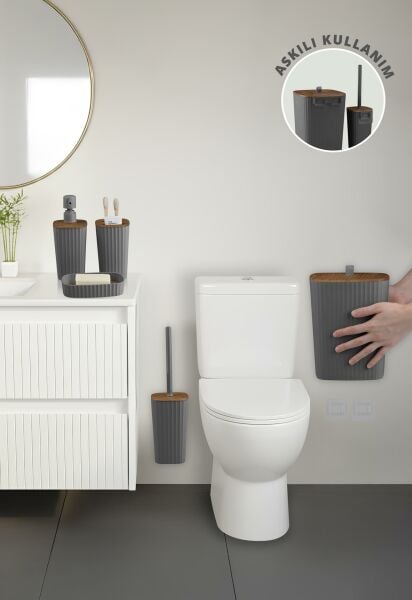 Okyanus Home Yapışkanlı Ahşap Desenli Safir Antrasit 5'li Banyo Seti