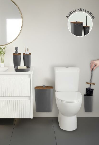 Okyanus Home Yapışkanlı Ahşap Desenli Safir Antrasit 5'li Banyo Seti