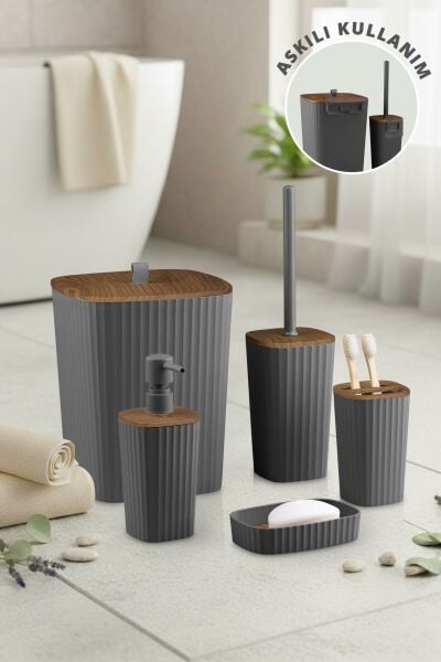 Okyanus Home Yapışkanlı Ahşap Desenli Safir Antrasit 5'li Banyo Seti