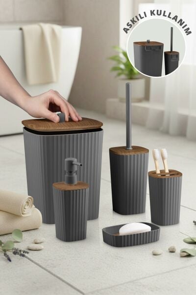 Okyanus Home Yapışkanlı Ahşap Desenli Safir Antrasit 5'li Banyo Seti