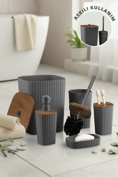Okyanus Home Yapışkanlı Ahşap Desenli Safir Antrasit 5'li Banyo Seti