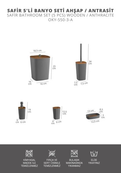 Okyanus Home Yapışkanlı Ahşap Desenli Safir Antrasit 5'li Banyo Seti