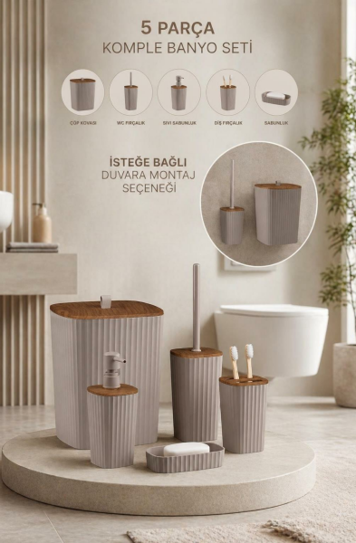 Okyanus Home Yapışkanlı Ahşap Desenli Safir Vizon 5'li Banyo Seti