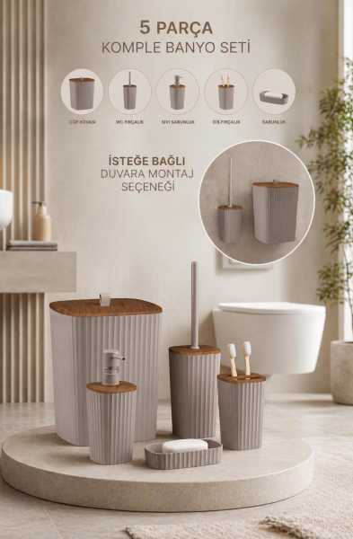 Okyanus Home Yapışkanlı Ahşap Desenli Safir Vizon 5'li Banyo Seti