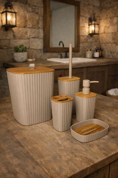 Okyanus Home Yapışkanlı Ahşap Desenli Safir Vizon 5'li Banyo Seti