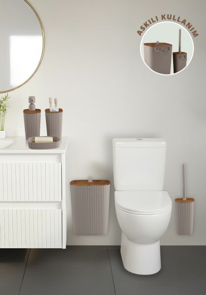 Okyanus Home Yapışkanlı Ahşap Desenli Safir Vizon 5'li Banyo Seti