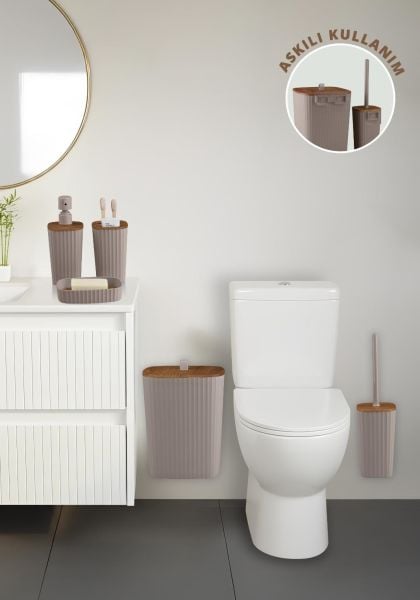 Okyanus Home Yapışkanlı Ahşap Desenli Safir Vizon 5'li Banyo Seti