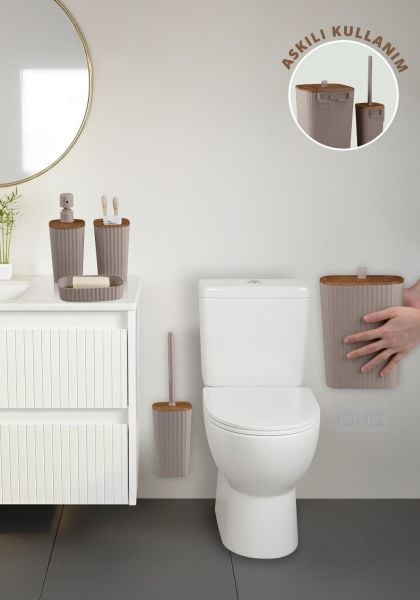 Okyanus Home Yapışkanlı Ahşap Desenli Safir Vizon 5'li Banyo Seti