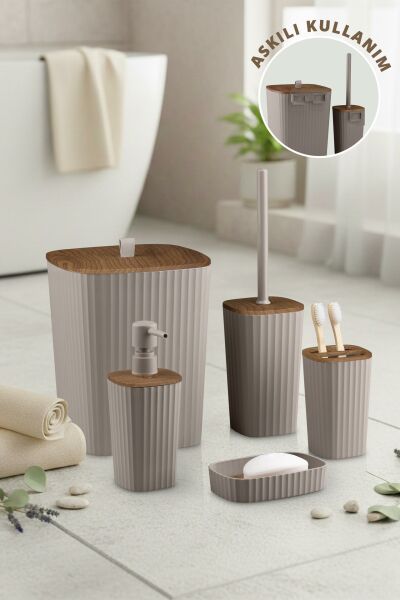 Okyanus Home Yapışkanlı Ahşap Desenli Safir Vizon 5'li Banyo Seti