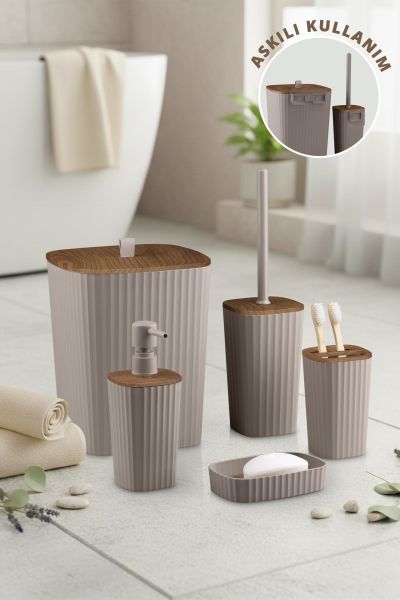 Okyanus Home Yapışkanlı Ahşap Desenli Safir Vizon 5'li Banyo Seti