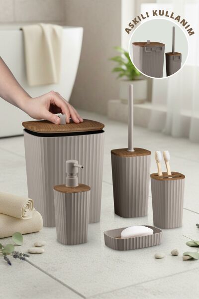 Okyanus Home Yapışkanlı Ahşap Desenli Safir Vizon 5'li Banyo Seti