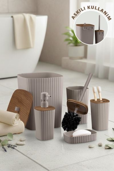 Okyanus Home Yapışkanlı Ahşap Desenli Safir Vizon 5'li Banyo Seti