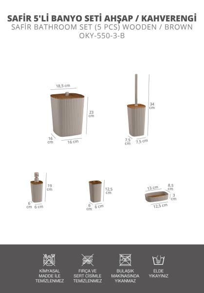 Okyanus Home Yapışkanlı Ahşap Desenli Safir Vizon 5'li Banyo Seti