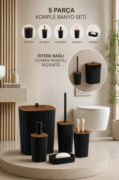 Okyanus Home Yapışkanlı Ahşap Desenli Safir Siyah 5'li Banyo Seti