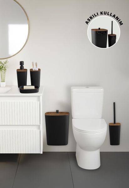 Okyanus Home Yapışkanlı Ahşap Desenli Safir Siyah 5'li Banyo Seti