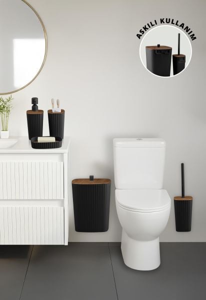 Okyanus Home Yapışkanlı Ahşap Desenli Safir Siyah 5'li Banyo Seti