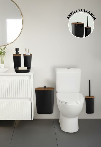 Okyanus Home Yapışkanlı Ahşap Desenli Safir Siyah 5'li Banyo Seti