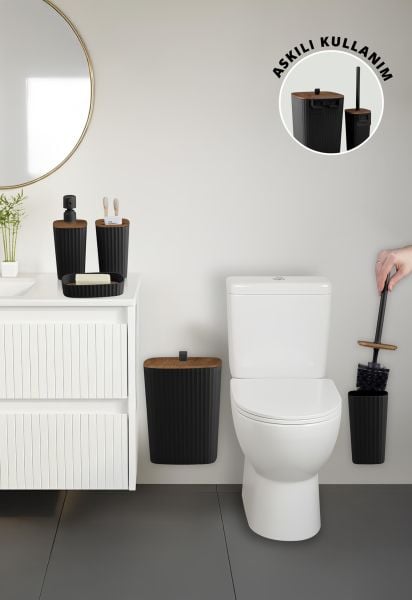 Okyanus Home Yapışkanlı Ahşap Desenli Safir Siyah 5'li Banyo Seti