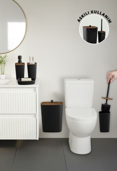 Okyanus Home Yapışkanlı Ahşap Desenli Safir Siyah 5'li Banyo Seti