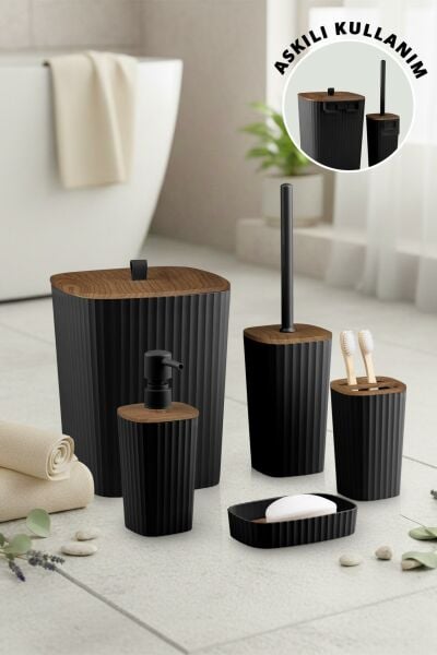 Okyanus Home Yapışkanlı Ahşap Desenli Safir Siyah 5'li Banyo Seti