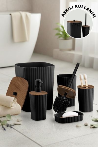 Okyanus Home Yapışkanlı Ahşap Desenli Safir Siyah 5'li Banyo Seti