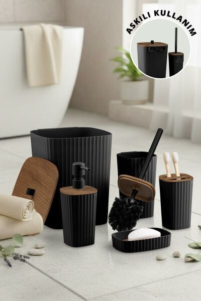 Okyanus Home Yapışkanlı Ahşap Desenli Safir Siyah 5'li Banyo Seti