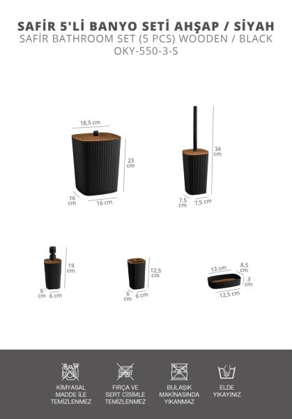 Okyanus Home Yapışkanlı Ahşap Desenli Safir Siyah 5'li Banyo Seti