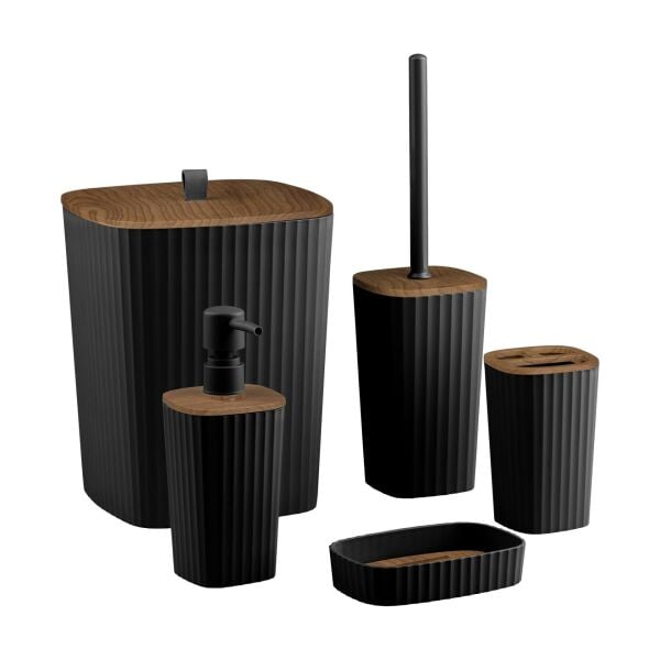 Okyanus Home Yapışkanlı Ahşap Desenli Safir Siyah 5'li Banyo Seti