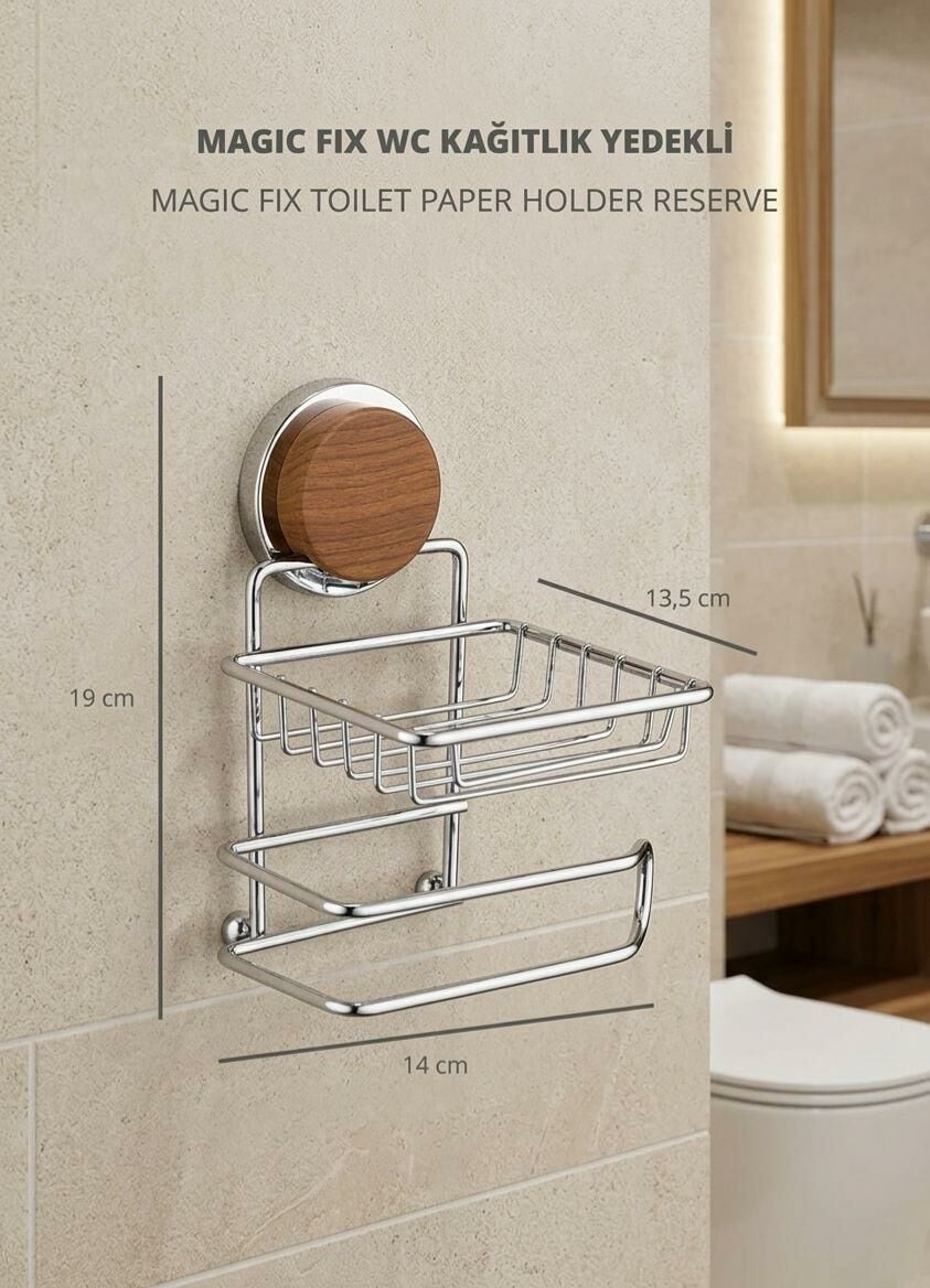 Okyanus Home Ahşap Desenli Magic Fix Sihirli Yapışkan Krom Yedekli WC Kağıtlık