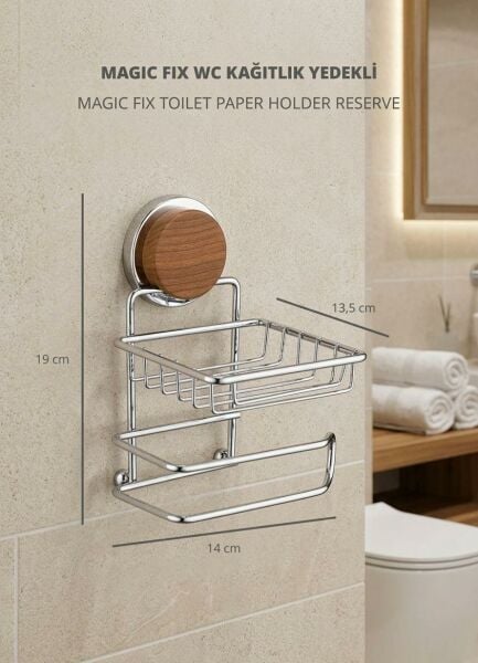 Okyanus Home Ahşap Desenli Magic Fix Sihirli Yapışkan Krom Yedekli WC Kağıtlık