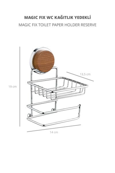 Okyanus Home Ahşap Desenli Magic Fix Sihirli Yapışkan Krom Yedekli WC Kağıtlık