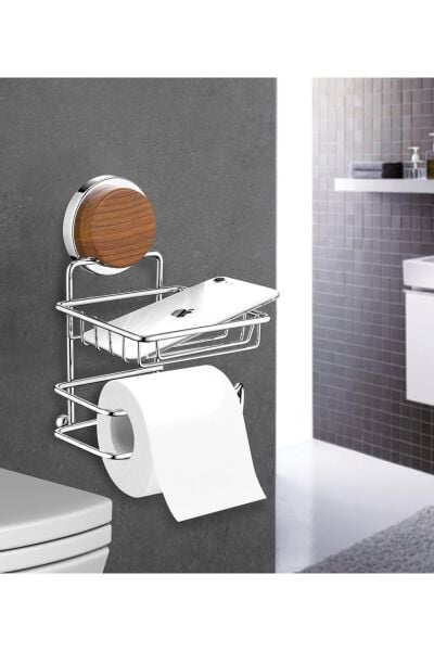 Okyanus Home Ahşap Desenli Magic Fix Sihirli Yapışkan Krom Yedekli WC Kağıtlık