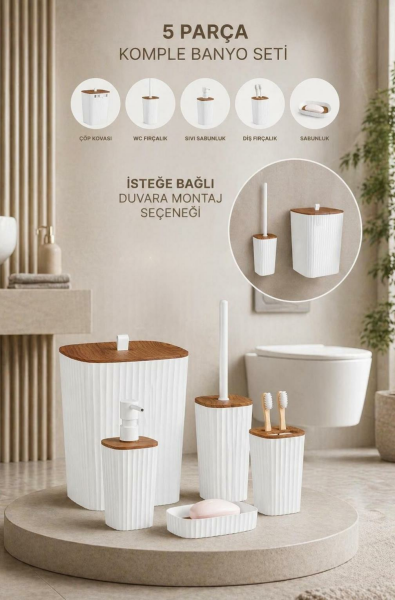 Okyanus Home Yapışkanlı Ahşap Desenli Safir Beyaz 5'li Banyo Seti